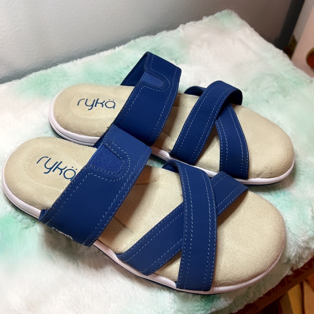 Ryka Navy Blue Cross-Strap Slide Sandals